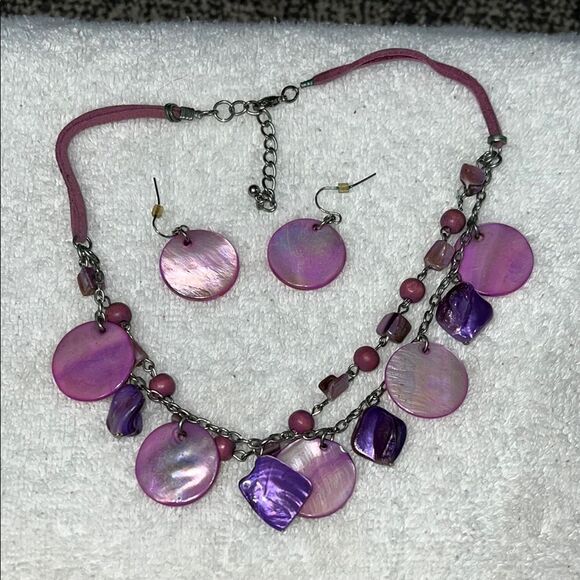 Elegant Pink and Purple Shell Necklace and Earring Set - Picture 1 of 2